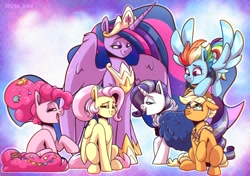 Size: 3500x2458 | Tagged: safe, artist:lrusu, derpibooru import, applejack, fluttershy, pinkie pie, princess twilight 2.0, rainbow dash, rarity, twilight sparkle, twilight sparkle (alicorn), alicorn, earth pony, pegasus, pony, unicorn, the last problem, clothes, crown, ethereal mane, ethereal tail, eyes closed, female, hoof shoes, jewelry, mane six, mare, older, older applejack, older fluttershy, older mane six, older pinkie pie, older rainbow dash, older rarity, older twilight, open mouth, peytral, regalia, starry mane, starry tail