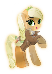 Size: 3345x4717 | Tagged: safe, artist:lincolnbrewsterfan, derpibooru exclusive, derpibooru import, applejack, crystal pony, earth pony, pony, fallout equestria, my little pony: the movie, .svg available, alternate hairstyle, alternate tailstyle, applejack's cutie mark, braid, braided tail, button, clothes, coat, crown, crystal crown (object), crystallized, eyebrows, freckles, gun, hair tie, handgun, happy, hat, jacket, jewelry, little macintosh, looking at you, ministry mares, ministry of wartime technology, mouth trigger, movie accurate, optical sight, overcoat, pistol, profile, raised hoof, raised leg, regalia, revolver, scope, simple background, smiling, smiling at you, straps, svg, sweater, tail wrap, transparent background, vector, weapon