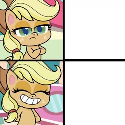 Size: 1300x1300 | Tagged: safe, derpibooru import, edit, edited screencap, screencap, applejack, earth pony, pony, how applejack got her hat back, my little pony: pony life, superb six, amused, applejack is not amused, applejack's hat, bipedal, clothes, cowboy hat, crossed arms, eyes closed, female, grin, gritted teeth, hat, hotline bling, meme, smiling, solo, teeth, template, unamused