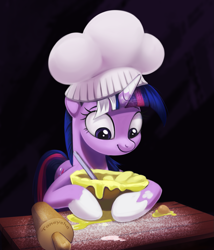 Size: 1181x1382 | Tagged: safe, artist:taneysha, edit, twilight sparkle, unicorn twilight, pony, unicorn, a health of information, /mlp/, adorkable, baking, batter, bowl, chef's hat, cute, dork, female, hat, mare, rolling pin, scene interpretation, smiling, solo, toque, twiabetes, wingless edit