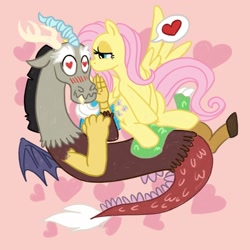 Size: 2000x2000 | Tagged: safe, artist:mediocremare, discord, fluttershy, cute, fanfic art, innocent, love