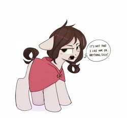 Size: 2488x2304 | Tagged: safe, artist:tallaferroxiv, oc, oc only, oc:ten, pony, unicorn, aquamarine eyes, blushing, clothes, dialogue, ears, female, floppy ears, horn, mare, open mouth, simple background, solo, tail wrap, tsundere, unicorn oc, white background
