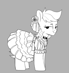 Size: 846x886 | Tagged: safe, artist:tallaferroxiv, oc, oc only, oc:ida, earth pony, pony, black and white, choker, clothes, dress, female, flower, flower in hair, gray background, grayscale, lidded eyes, mare, monochrome, rose, simple background, solo