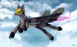 Size: 3600x2200 | Tagged: safe, alternate version, artist:andromailus, oc, oc only, original species, plane pony, pony, afterburner, chimera (aircraft), cloud, female, flying, green eyes, plane, signature, sky, solo