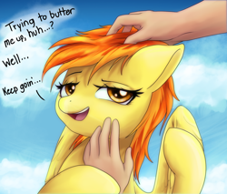 Size: 2000x1700 | Tagged: safe, artist:andromailus, spitfire, human, pegasus, pony, dialogue, female, human on pony petting, lidded eyes, mare, offscreen character, open mouth, petting, scratching, wings