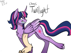 Size: 2048x1536 | Tagged: safe, artist:revenge.cats, derpibooru import, twilight sparkle, twilight sparkle (alicorn), alicorn, draconequus, hybrid, pony, alternate universe, colored wings, draconequified, drool, fangs, frothing, gradient hooves, gradient wings, paws, ponytail, scar, snarling, solo, species swap, wings