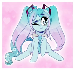 Size: 1500x1400 | Tagged: safe, artist:aferalsunflower, derpibooru import, pony, anime, hatsune miku, headphones, kotobukiya hatsune miku pony, necktie, one eye closed, ponified