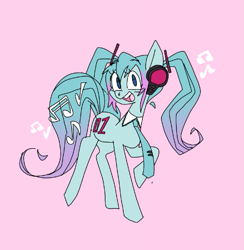 Size: 587x601 | Tagged: safe, artist:offbrandmage, derpibooru import, pony, anime, hatsune miku, headphones, kotobukiya hatsune miku pony, necktie, open mouth, pink background, ponified, simple background