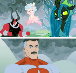 Size: 679x660 | Tagged: safe, derpibooru import, edit, edited screencap, screencap, cozy glow, lord tirek, queen chrysalis, alicorn, centaur, changeling, changeling queen, pony, season 9, the ending of the end, spoiler:s09, alicornified, cozycorn, female, filly, invincible, legion of doom, male, omni-man, race swap, this will end in death, this will not end well, ultimate chrysalis