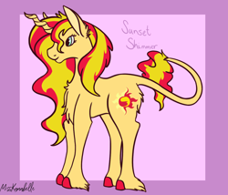 Size: 1750x1500 | Tagged: safe, artist:misskanabelle, derpibooru import, sunset shimmer, pony, unicorn, abstract background, female, hoof fluff, horn, leonine tail, mare, signature, solo