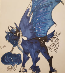 Size: 1280x1433 | Tagged: safe, artist:iaufeyson, derpibooru import, princess luna, alicorn, pony, female, hybrid wings, mare, solo, traditional art, unshorn fetlocks, wings