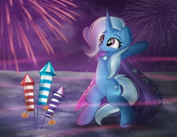 Size: 1860x1446 | Tagged: safe, artist:janelearts, derpibooru import, trixie, pony, unicorn, bipedal, bipedal leaning, cape, clothes, cloud, derpibooru, female, firecracker, fireworks, glow, ground, hooves up, leaning, mare, missing accessory, night, raised hooves, safe tag milestone, solo, starry night, stars, trixie's cape