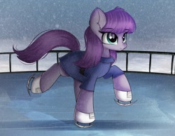 Size: 1860x1446 | Tagged: safe, artist:janelearts, derpibooru import, maud pie, earth pony, pony, ear fluff, ears, female, ice skates, ice skating, mare, snow, snowfall, solo, winter