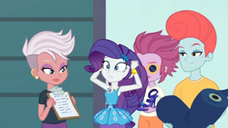 Size: 3410x1920 | Tagged: safe, derpibooru import, screencap, rarity, better together, equestria girls, rollercoaster of friendship, bracelet, candyberry, clothes, cutie mark, cutie mark on clothes, female, geode of shielding, hairpin, jewelry, magical geodes, male, pearl pompadour, pilot pearl, rarity peplum dress, stressed