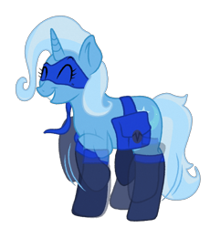 Size: 640x695 | Tagged: safe, artist:aeon-arts, derpibooru import, trixie, unicorn, excited, eyes closed, female, grin, happy, mask, motion lines, saddle bag, simple background, socks, solo, superhero, tippy taps, transparent background, trotting in place