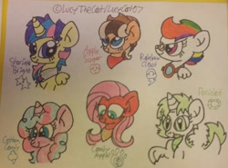 Size: 2598x1925 | Tagged: safe, artist:shelbi-cat, derpibooru import, oc, oc only, oc:apple sugar, oc:candy apple, oc:cotton candy, oc:peridot, oc:rainbow cloud, oc:starlight bright, alicorn, dracony, earth pony, hybrid, pegasus, pony, unicorn, bust, interspecies offspring, next generation, offspring, parent:applejack, parent:big macintosh, parent:caramel, parent:comet tail, parent:fluttershy, parent:pinkie pie, parent:pokey pierce, parent:rainbow dash, parent:rarity, parent:soarin', parent:spike, parent:twilight sparkle, parents:carajack, parents:cometlight, parents:fluttermac, parents:pokeypie, parents:soarindash, parents:sparity, traditional art