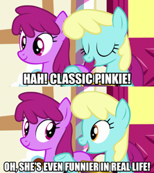 Size: 1280x1440 | Tagged: safe, derpibooru import, edit, edited screencap, editor:jaredking203, screencap, berry punch, berryshine, sassaflash, earth pony, pegasus, pony, fame and misfortune, season 7, caption, female, image macro, mare, meme, text