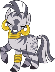 Size: 3000x3920 | Tagged: safe, artist:jeatz-axl, derpibooru import, zecora, zebra, bracelet, ear piercing, earring, eyes closed, female, high res, jewelry, leg rings, neck rings, piercing, raised hoof, raised leg, simple background, solo, transparent background