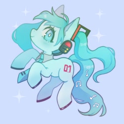 Size: 1200x1200 | Tagged: safe, artist:rosetintedart_, derpibooru import, pony, anime, colored hooves, ear fluff, ears, hatsune miku, headphones, kotobukiya hatsune miku pony, music notes, necktie, ponified, simple background, sparkles, vocaloid, white pupils