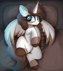 Size: 960x1093 | Tagged: safe, artist:janelearts, derpibooru import, oc, oc only, alicorn, pony, bed, female, mare, solo, underhoof