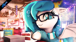 Size: 3840x2160 | Tagged: safe, artist:xenia-amata, derpibooru import, oc, oc only, oc:xenia amata, bat pony, 3d, birthday, birthday candles, cake, cake slice, cute, ear tufts, fangs, food, glasses, happy birthday, hat, party hat, solo, source filmmaker