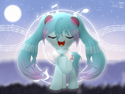 Size: 2000x1500 | Tagged: safe, artist:jadebreeze115, derpibooru import, earth pony, pony, anime, female, gradient background, hatsune miku, headphones, kotobukiya hatsune miku pony, mare, music, music notes, necktie, open mouth, ponified, singing, vocaloid