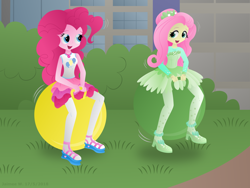 Size: 2816x2112 | Tagged: safe, artist:lavenderrain24, derpibooru import, fluttershy, pinkie pie, equestria girls, geode of fauna, geode of sugar bombs, magical geodes, space hopper