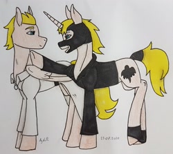 Size: 2861x2554 | Tagged: safe, artist:agdapl, derpibooru import, pegasus, pony, unicorn, clothes, crossover, duo, horn, looking back, male, mask, medic, ponified, signature, species swap, spy, team fortress 2, traditional art, wings