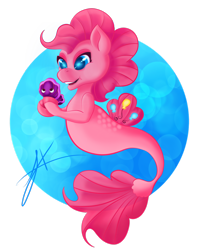 Size: 2190x2738 | Tagged: safe, artist:xenyu, derpibooru import, pinkie pie, earth pony, pony, seapony (g4), blue eyes, bubble, dorsal fin, female, fish tail, ocean, open mouth, seaponified, seapony pinkie pie, seashell, signature, simple background, smiling, solo, species swap, tail, underwater, water