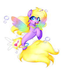 Size: 864x979 | Tagged: safe, artist:lacaty07, derpibooru import, oc, oc only, pony, seapony (g4), blue eyes, bubble, clothes, colored wings, dorsal fin, female, fin wings, fish tail, flowing tail, horn, jewelry, multicolored wings, necklace, open mouth, seaponified, see-through, simple background, solo, species swap, tail, transparent background, wings