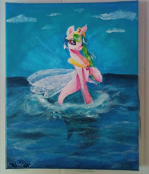 Size: 480x560 | Tagged: safe, artist:lionbun1, derpibooru import, princess celestia, pony, seapony (g4), canvas, clothes, cloud, collar, crown, female, fin wings, fish tail, flowing tail, hoof shoes, horn, jewelry, multicolored hair, ocean, oil painting, purple eyes, regalia, sealestia, seaponified, seapony celestia, see-through, sky, smiling, solo, species swap, sunlight, tail, traditional art, water, wings