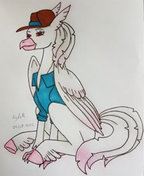 Size: 2593x3156 | Tagged: safe, artist:agdapl, derpibooru import, classical hippogriff, hippogriff, clothes, crossover, hat, male, signature, sitting, sniper, solo, species swap, team fortress 2, traditional art