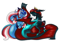 Size: 2339x1700 | Tagged: safe, artist:dragonademetal, derpibooru import, oc, oc only, seapony (g4), colored pupils, crown, dorsal fin, eyes closed, female, fins, fish tail, flowing mane, flowing tail, hoof shoes, jewelry, multicolored hair, necklace, open mouth, pearl necklace, regalia, signature, simple background, smiling, spread wings, tail, transparent background, wings