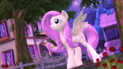 Size: 3840x2160 | Tagged: safe, artist:loveslove, derpibooru import, fluttershy, pegasus, pony, 3d, female, fence, flower, night, outdoors, ponyville, smiling, solo, source filmmaker, stars, tree, well, wings