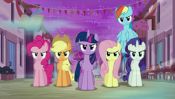 Size: 1280x720 | Tagged: safe, derpibooru import, screencap, applejack, fluttershy, pinkie pie, rainbow dash, rarity, twilight sparkle, twilight sparkle (alicorn), alicorn, earth pony, pegasus, pony, unicorn, to where and back again, angry, applejack is not amused, applejack's hat, clothes, cowboy hat, fluttershy is not amused, hat, mane six, night, pinkie pie is not amused, rainbow dash is not amused, rarity is not amused, twilight is not amused, unamused