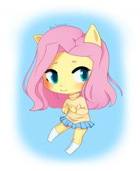 Size: 1296x1579 | Tagged: safe, artist:miss_squeorge, artist:misssqueorge, derpibooru import, part of a set, fluttershy, anthro, ambiguous facial structure, blushing, chibi, clothes, colored pupils, cute, finger, kneesocks, looking sideways, shyabetes, skirt, smiling, socks, solo, sweater, sweatershy