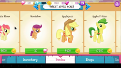 Size: 854x480 | Tagged: safe, derpibooru import, apple bloom, apple fritter, applejack, scootaloo, earth pony, pegasus, pony, app, apple family member, applejack's hat, bits, bow, clothes, cowboy hat, female, filly, game, gameloft, gem, hair bow, hat, heart, mountain, smiling, stars, store