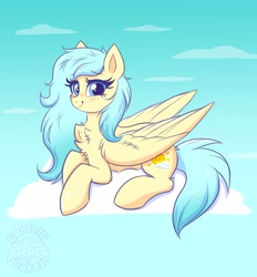 Size: 2252x2429 | Tagged: safe, artist:confetticakez, derpibooru import, oc, oc only, pegasus, pony, blushing, cloud, happy, looking at you, lying down, lying on a cloud, on a cloud, smiling, solo