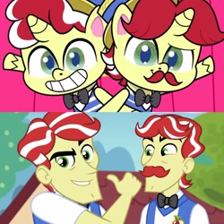 Size: 2289x2289 | Tagged: safe, derpibooru import, edit, edited screencap, screencap, flam, flim, pony, unicorn, better together, equestria girls, holidays unwrapped, lolly-pop, my little pony: pony life, spoiler:pony life s02e19, comic, duo, duo male, flim flam brothers, grin, gritted teeth, male, pony life interpretation, same energy, screencap comic, smiling, teeth, the cider louse fools