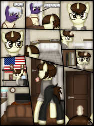 Size: 1750x2333 | Tagged: safe, artist:99999999000, derpibooru import, oc, oc only, oc:cwe, oc:firearm king, earth pony, pony, unicorn, comic:visit, american flag, clock, clothes, comic, door, family photo, kitchen, living room, male, soda, sofa, television