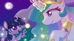 Size: 1920x1080 | Tagged: safe, artist:sunnyroop23, derpibooru import, princess celestia, twilight sparkle, unicorn twilight, alicorn, changeling, firefly (insect), insect, pony, unicorn, changelingified, eye contact, fanfic art, female, filly, filly twilight sparkle, looking at each other, mare, mare in the moon, momlestia, moon, open mouth, open smile, purple changeling, smiling, smiling at each other, species swap, younger