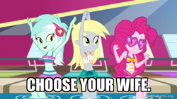 Size: 800x450 | Tagged: safe, derpibooru import, edit, edited screencap, screencap, derpy hooves, lyra heartstrings, pinkie pie, better together, equestria girls, i'm on a yacht, caption, choose your wife, clothes, image macro, makeameme.org, swimsuit, text