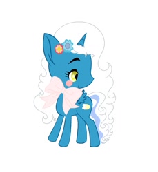 Size: 955x1044 | Tagged: safe, artist:riofluttershy, derpibooru import, oc, oc:fleurbelle, alicorn, adorabelle, alicorn oc, bow, cute, female, flower, flower in hair, golden eyes, horn, mare, ocbetes, wings