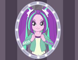 Size: 4000x3067 | Tagged: safe, artist:jasonpleas, derpibooru import, aria blaze, human, equestria girls, clothes, female, looking at you, mirror, solo, text