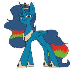 Size: 2452x2383 | Tagged: safe, artist:moonatik, derpibooru import, oc, oc only, oc:blue sky, alicorn, pony, alicorn oc, crown, horn, jewelry, peytral, princess, raffle prize, regalia, simple background, smug, solo, tiara, transparent background, wings