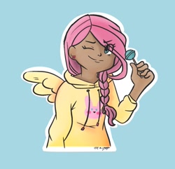 Size: 1517x1464 | Tagged: safe, artist:colourmyworldrainbow, derpibooru import, fluttershy, human, blue background, candy, clothes, eye clipping through hair, female, food, hoodie, humanized, lollipop, moderate dark skin, one eye closed, simple background, sweater, sweatershy, winged humanization, wings, wink