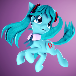 Size: 2160x2160 | Tagged: safe, alternate version, artist:psfmer, derpibooru import, earth pony, pony, 3d, anime, bowtie, collar, female, gradient background, hatsune miku, headphones, kotobukiya, kotobukiya hatsune miku pony, looking up, mare, microphone, pigtails, ponified, simple background, smiling, solo, source filmmaker