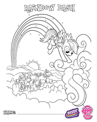 Size: 1500x1875 | Tagged: safe, derpibooru import, rainbow dash, cloud, coloring page, ponyville, rainbow, rainbow power, sun