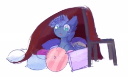 Size: 2448x1475 | Tagged: safe, artist:littleblackraencloud, derpibooru import, oc, oc only, oc:double colon, pony, unicorn, blanket, chair, cute, ear fluff, ears, female, looking at you, pillow, pillow fort, solo