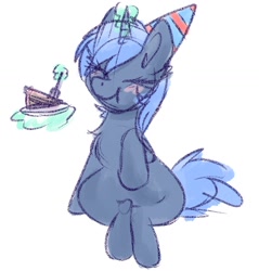 Size: 1322x1381 | Tagged: safe, artist:littleblackraencloud, derpibooru import, oc, oc only, oc:double colon, pony, unicorn, blushing, cake, chest fluff, eating, eyes closed, female, fluffy, food, fork, hat, magic, one hoof raised, party hat, sitting, solo, telekinesis